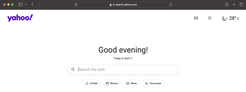 Yahoo browser page used to test the admin dashboard